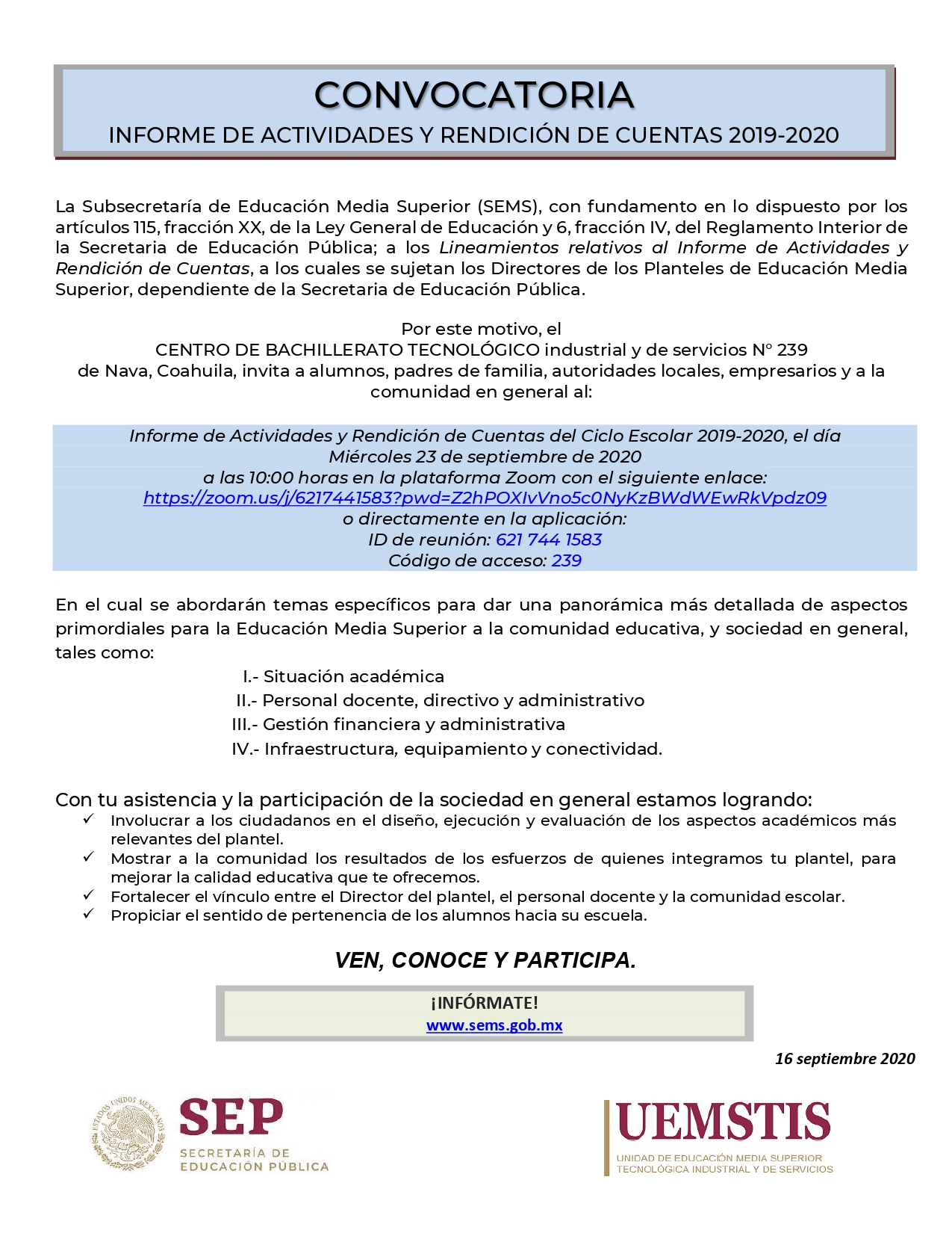 CONVOCATORIA A RENDICIÓN DE CUENTAS 2019-2020
